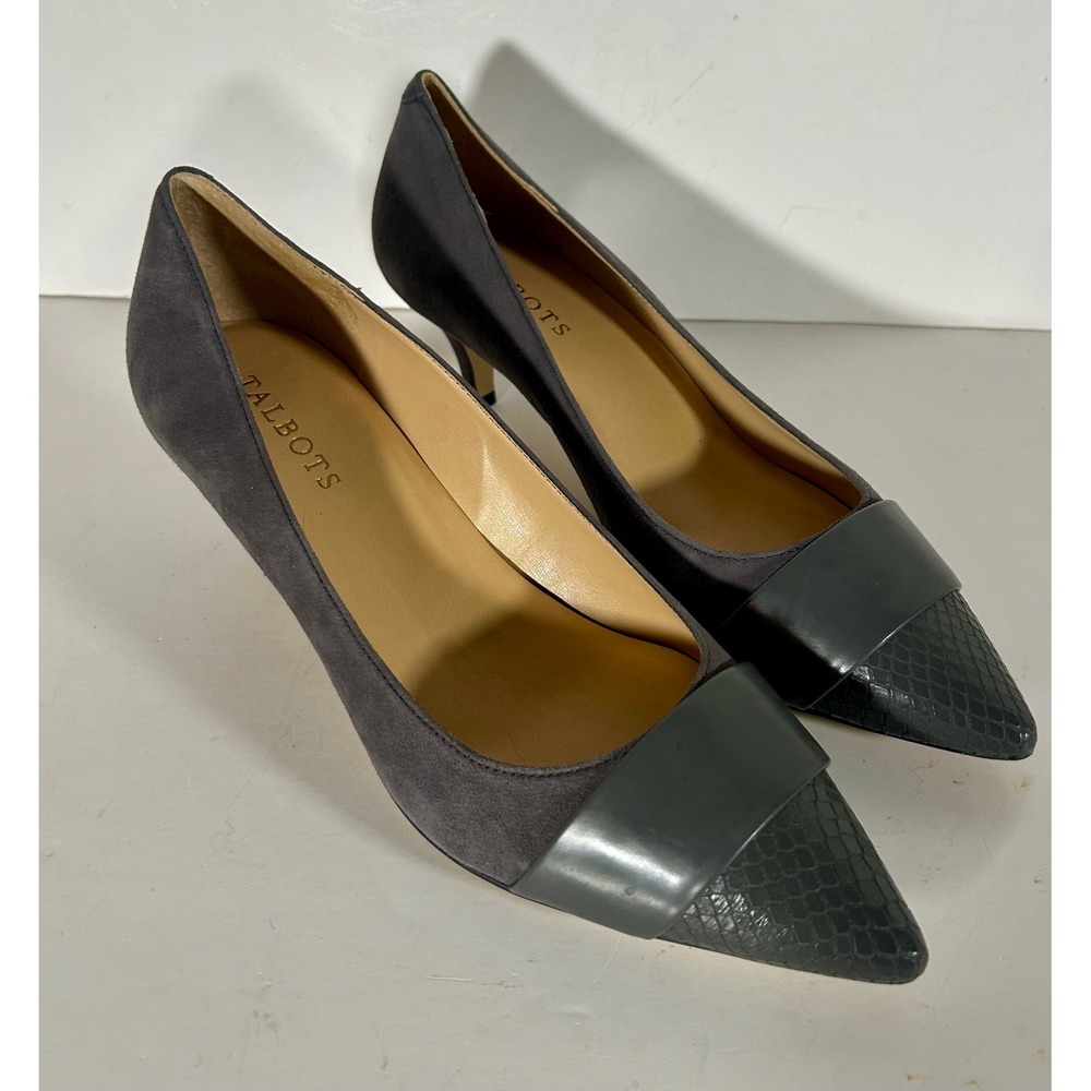 Talbots Womens Gray Suede Snakeskin Cap Toe Kitten Heel Pumps Size 8.5 M Brazil